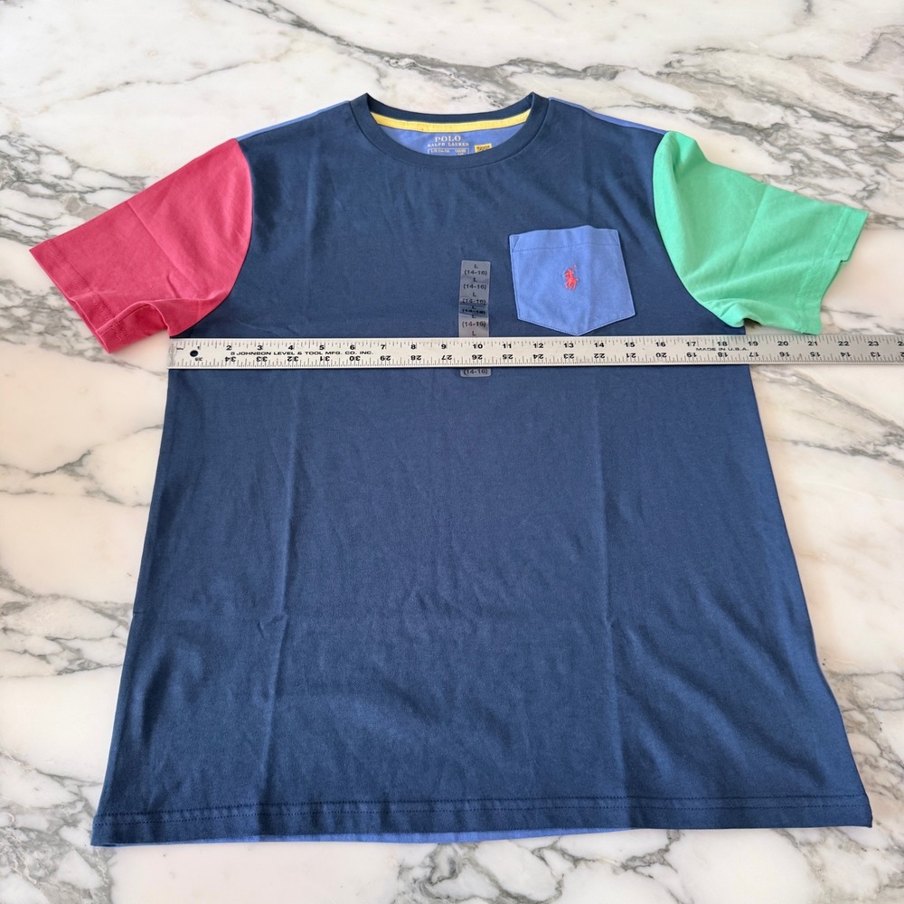 Polo Ralph Lauren Boys Colorblock Pocket T-Shirt Navy Pink Green Large 14-16